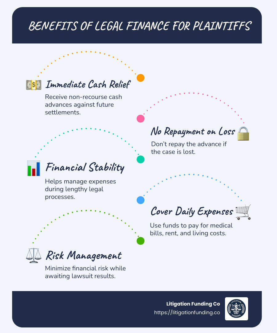 Infographic about legal finance benefits for plaintiffs - Legal finance industry infographic infographic-line-5-steps-blues-accent_colors