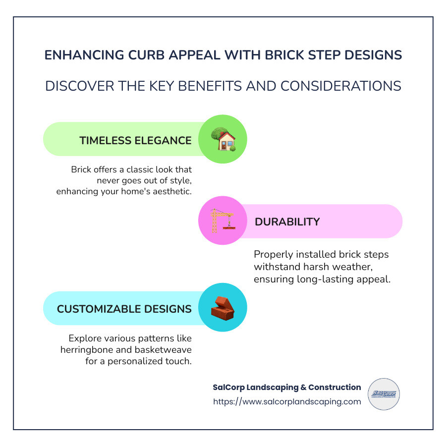 Detailed infographic on brick step designs showing different patterns, colors, and maintenance tips - brick step designs infographic infographic-line-3-steps-colors