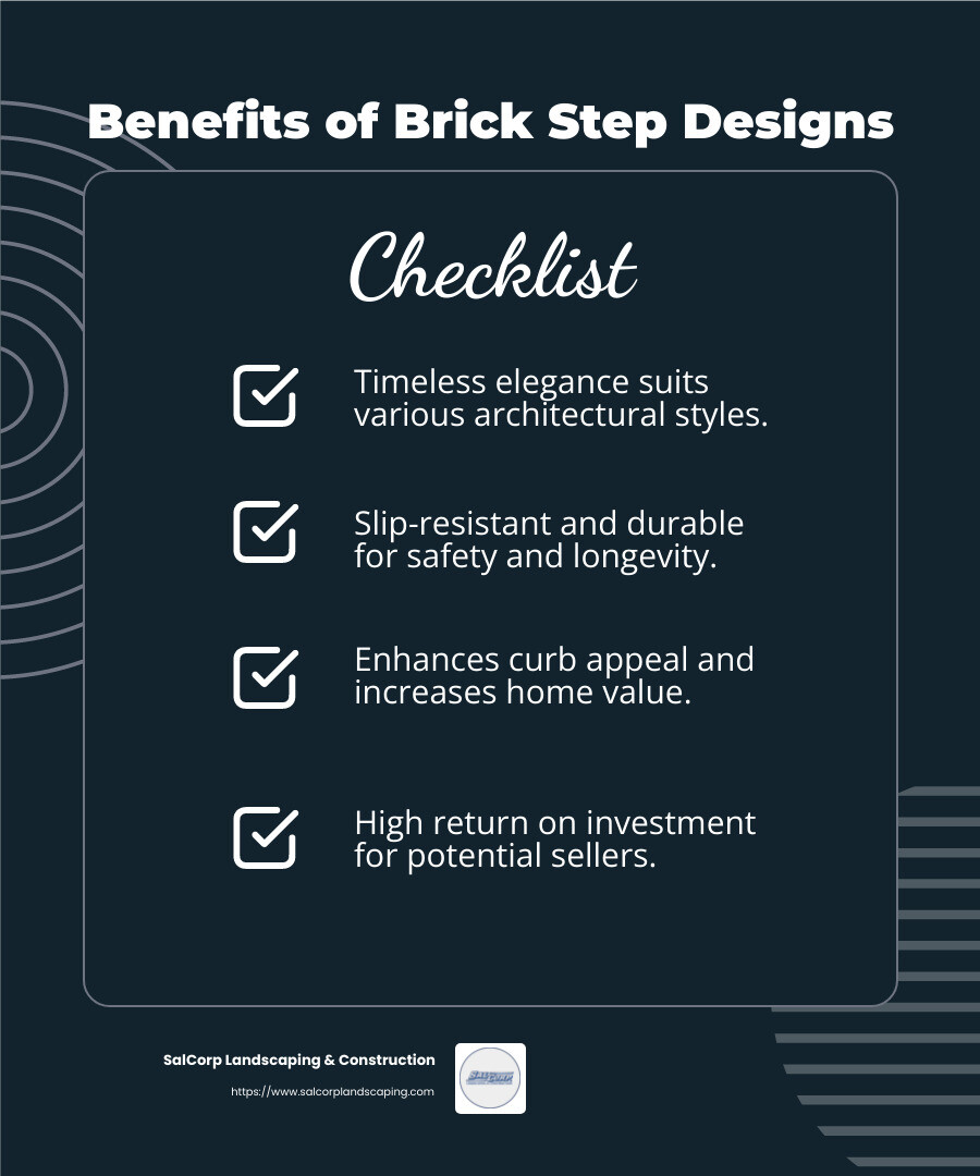 Brick step designs can improve curb appeal and home value - brick step designs infographic checklist-dark-blue