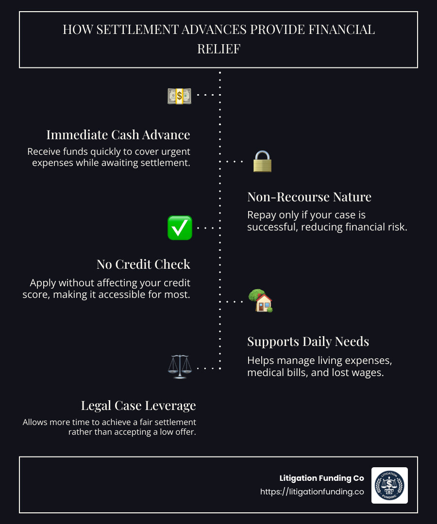 Infographic: How settlement advances provide financial relief - advance on car accident settlement infographic infographic-line-5-steps-dark