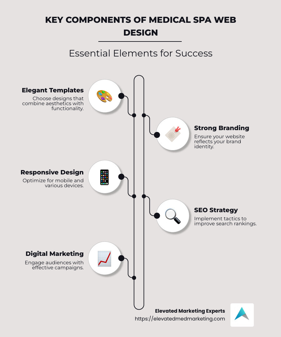Infographic showcasing key components of a medical spa web design company service: stunning templates, SEO strategies, and effective digital marketing. - medical spa web design company infographic infographic-line-5-steps-neat_beige