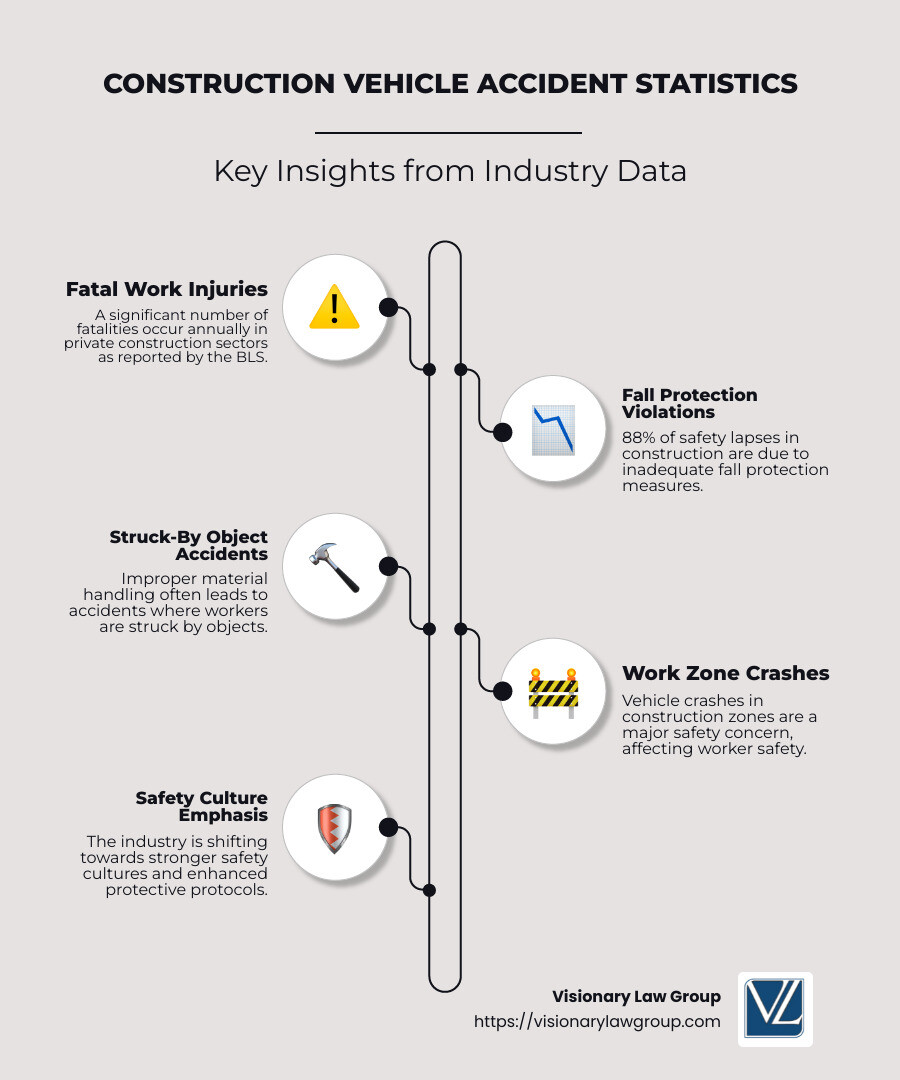 Detailed Infographic of Construction Vehicle Accident Statistics: featuring fatal work injuries in private construction, fall protection violations at 88%, and incidents caused by struck-by objects due to improper material handling - construction vehicle accident statistics infographic infographic-line-5-steps-neat_beige