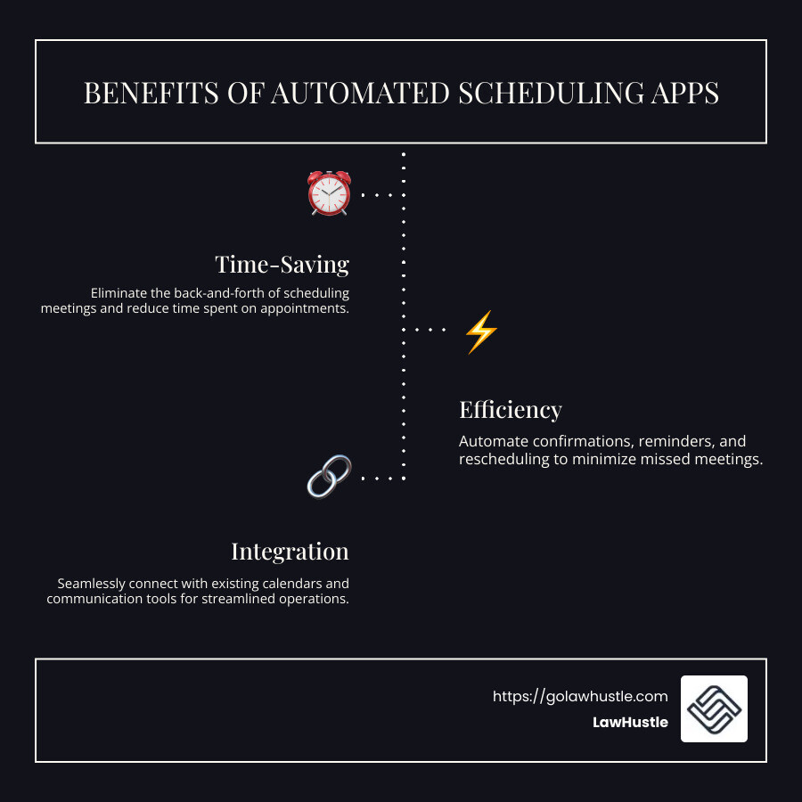 The Importance of Automated Scheduling Apps for Law Firms - Efficiency, Integration, and Client Management - automated scheduling app infographic infographic-line-3-steps-dark