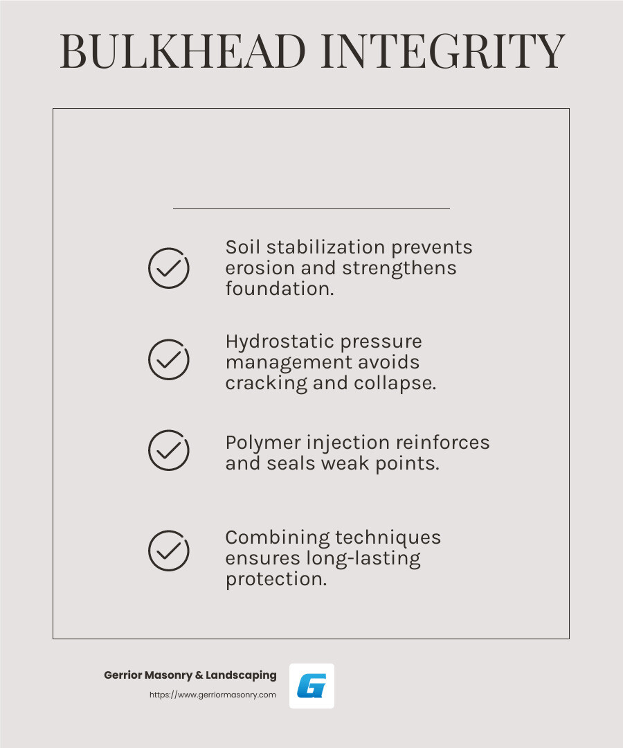 Polymer injection reinforces weak points and stabilizes soil to improve bulkhead integrity. - bulkhead structural integrity infographic checklist-light-beige