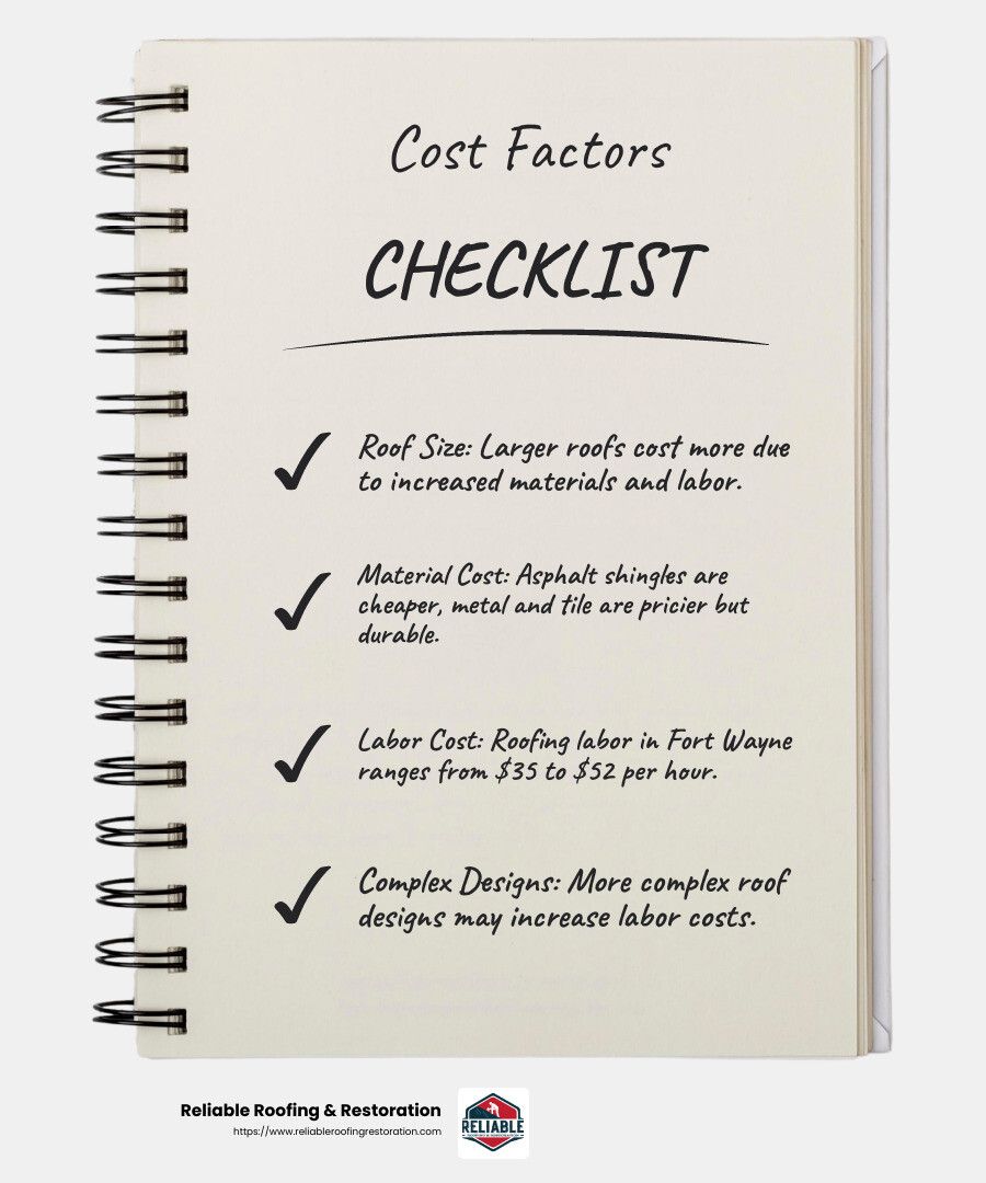 Labor costs for roofing work range from $35 to $52 per hour in Fort Wayne. - Professional roof installation infographic checklist-notebook