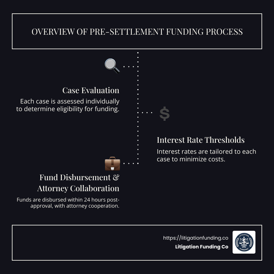 Detailed overview of pre-settlement funding process, including case evaluation, interest rate thresholds, fund disbursement times, and attorney collaboration - Pre-settlement funding reviews infographic infographic-line-3-steps-dark