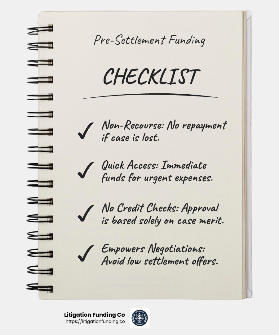Pre-settlement funding is a non-recourse cash advance, meaning no repayment is required if the case is lost. - Pre-settlement funding reviews infographic checklist-notebook