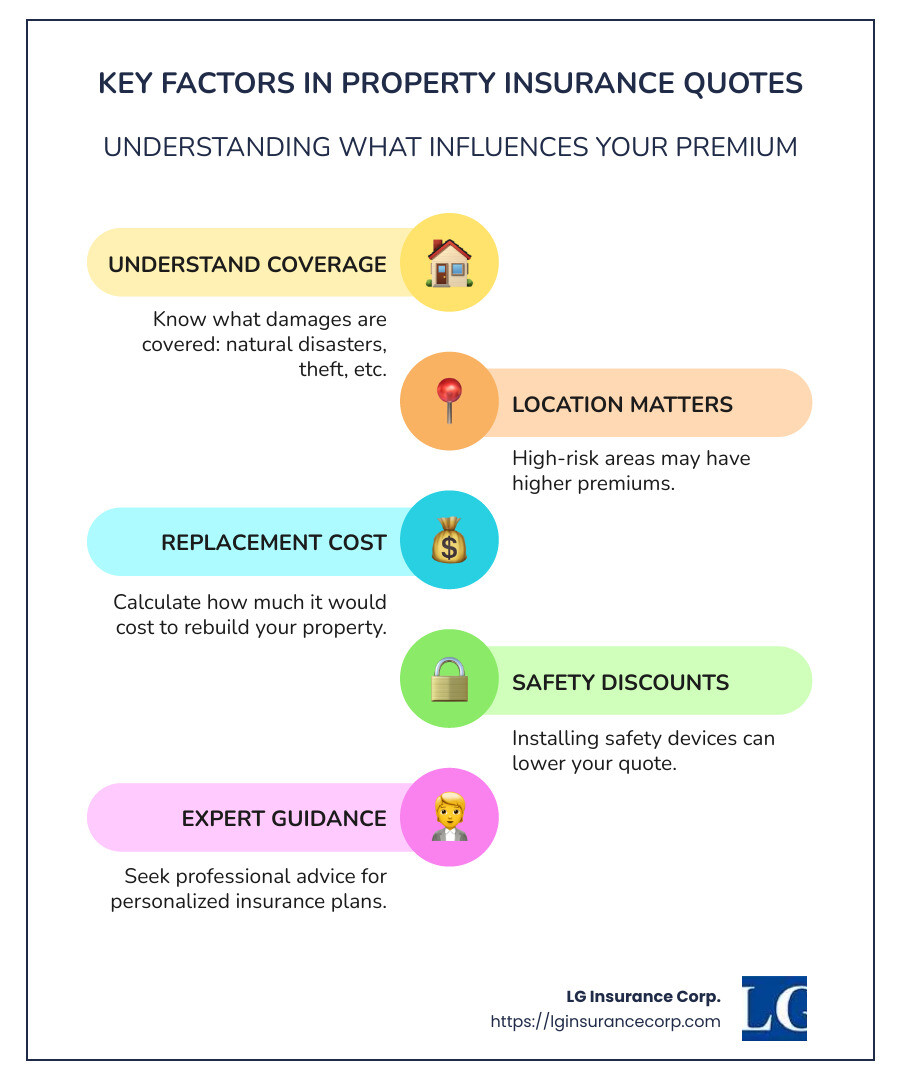 Breakdown of Property Insurance Quote Factors including location, coverage, and discounts - property insurance quote infographic infographic-line-5-steps-colors