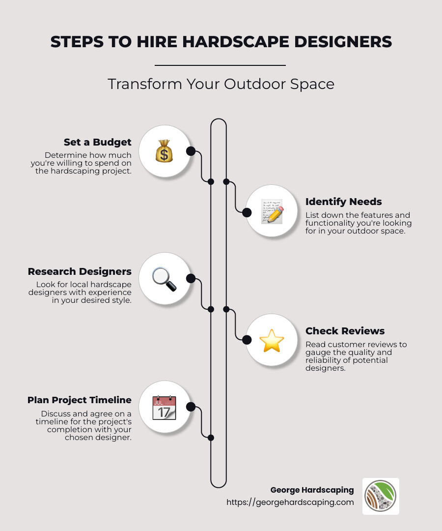 Detailed infographic showing steps to hire hardscape designers: setting a budget, identifying needs, researching designers, checking reviews, getting estimates, and planning project timeline. - hardscape designers near me infographic infographic-line-5-steps-neat_beige