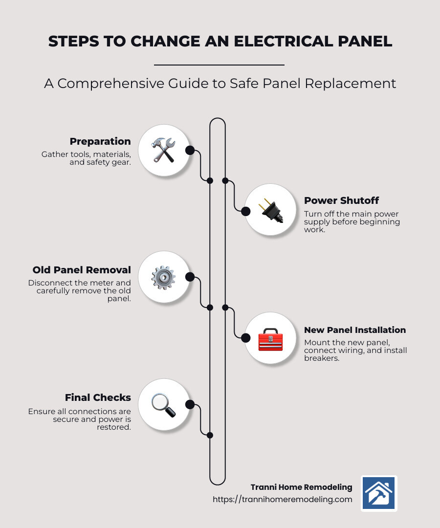 Infographic detailing benefits and safety tips for changing electrical panels - change electrical panel infographic infographic-line-5-steps-neat_beige