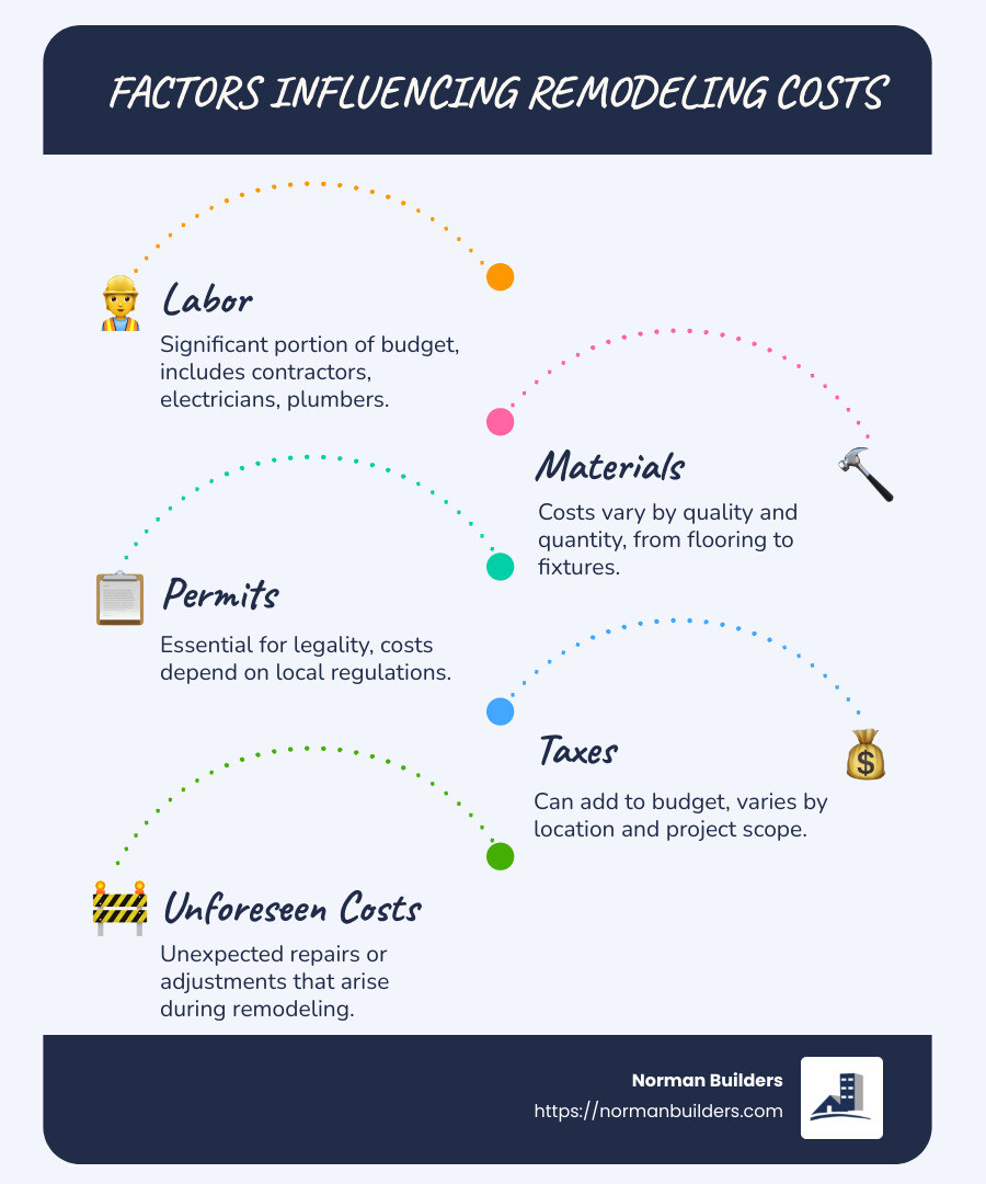 Infographic detailing average remodeling costs for different rooms and factors influencing them - average cost to remodel a house infographic infographic-line-5-steps-blues-accent_colors