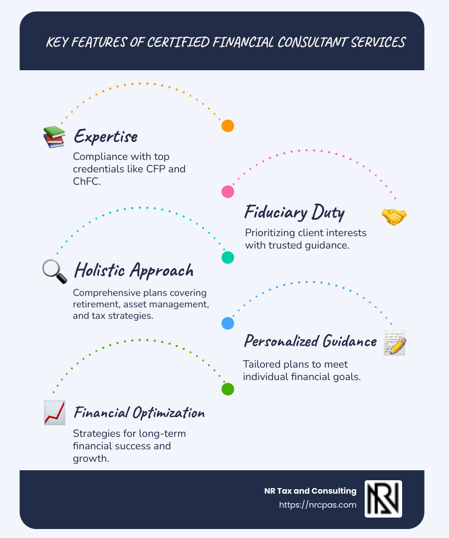 Key features of certified financial consultant services: Expertise, Fiduciary Duty, Holistic Approach - certified financial consultant best financial planning service infographic infographic-line-5-steps-blues-accent_colors
