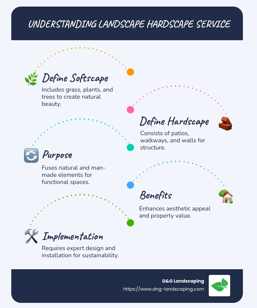 Overview of Landscape and Hardscape Services: A Visual Guide, illustrating the balance, elements involved, and benefits of landscape and hardscape services. - what is landscape hardscape service infographic infographic-line-5-steps-blues-accent_colors