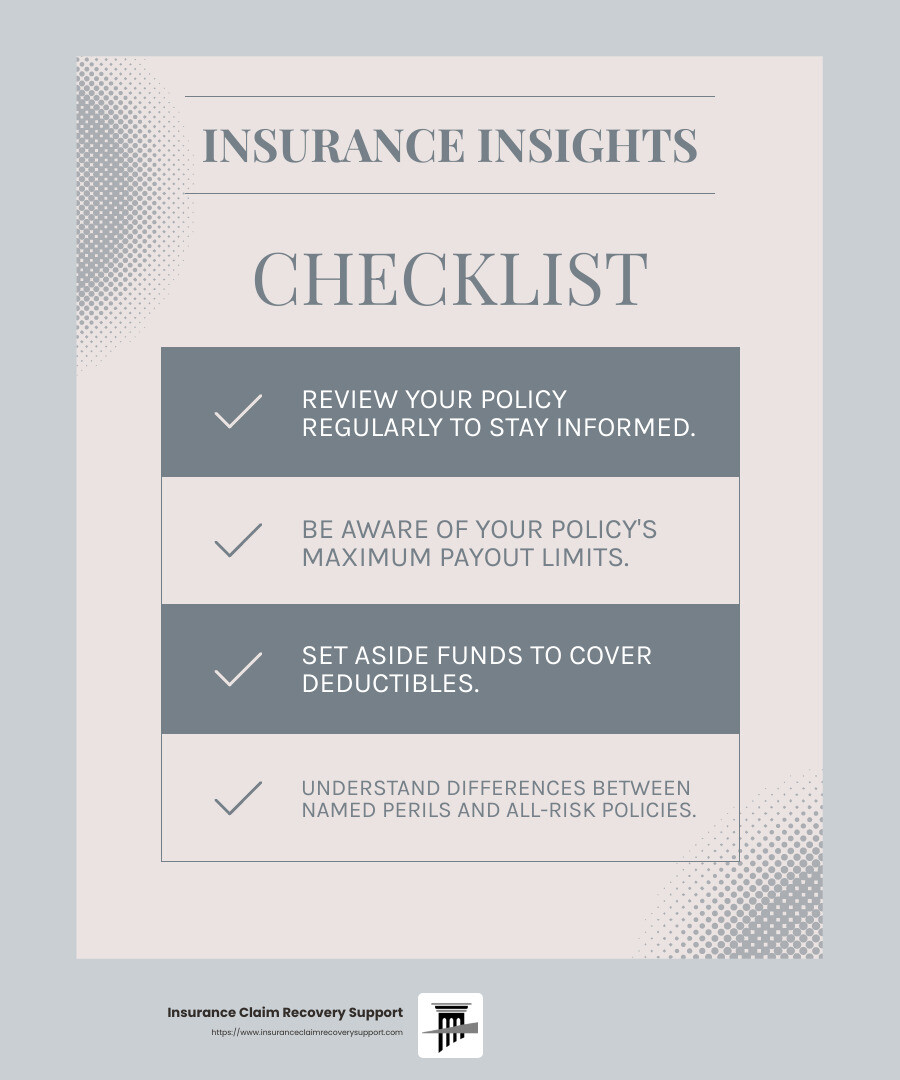 Understanding deductibles and coverage limits helps you manage expectations. - hail damage roof insurance claim process infographic checklist-light-blue-grey