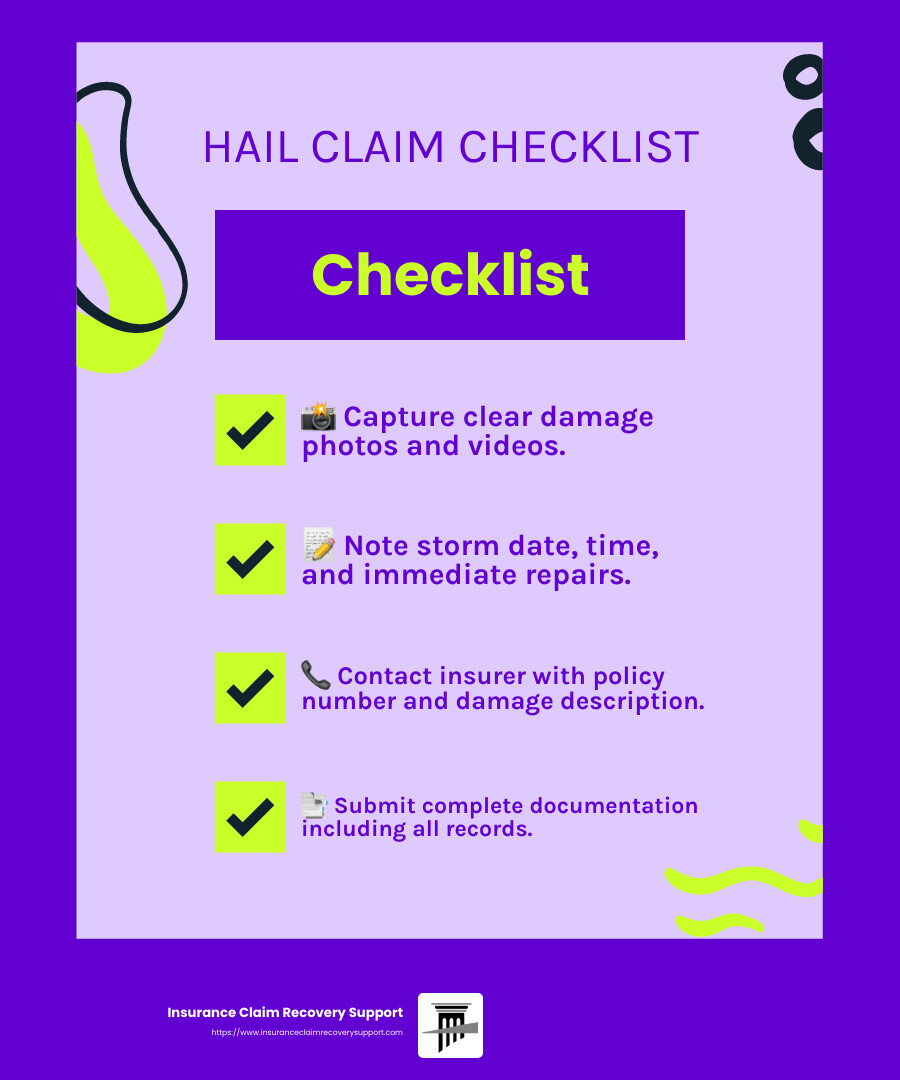 Insurance adjusters look for signs of hail damage, such as dents, cracks, and missing shingles. They may also inspect the attic and the interior of the home for signs of water damage. - hail damage roof insurance claim process infographic checklist-fun-neon