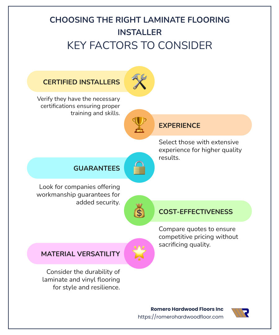 Infographic on choosing the right laminate flooring installer, listing certified installers, experience, guarantees, and cost-effectiveness - laminate flooring installer infographic infographic-line-5-steps-colors