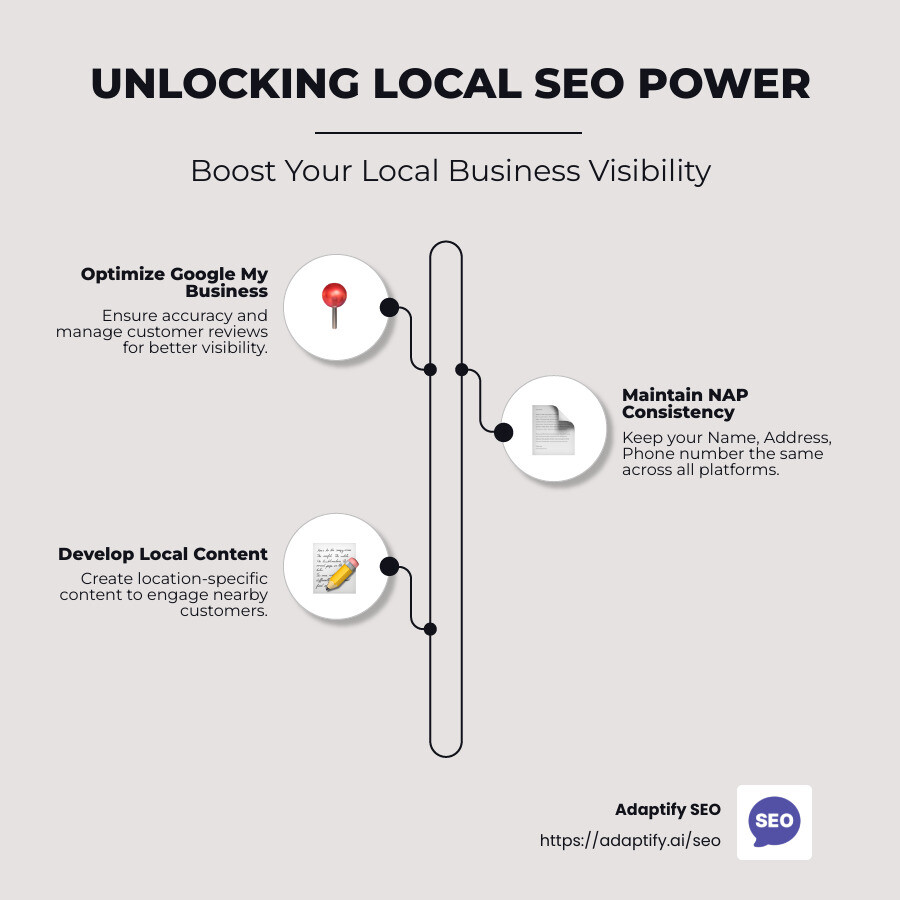 "local seo strategies guide infographic with steps on optimizing Google My Business, NAP consistency, and local content creation" - local seo strategies infographic infographic-line-3-steps-neat_beige