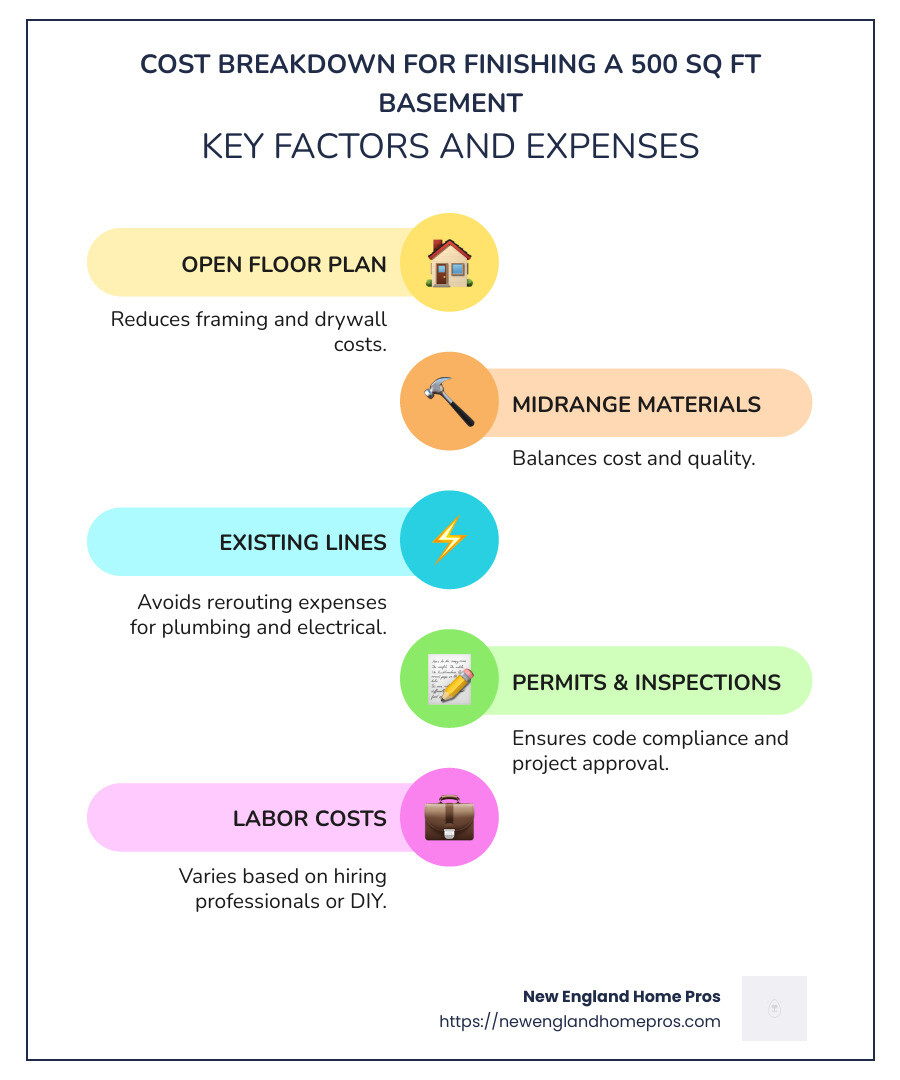 Cost breakdown for finishing a 500 sq ft basement - cost to finish 500 sq ft basement infographic infographic-line-5-steps-colors