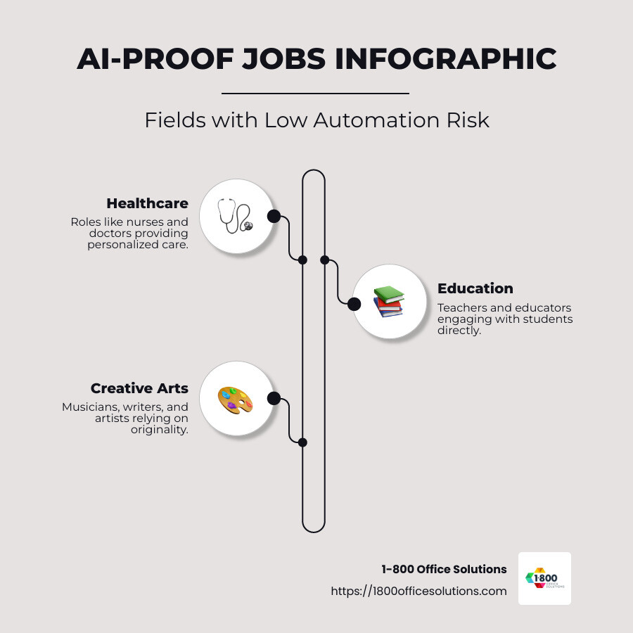 AI-Proof Jobs Infographic: Fields with Low Automation Risk, Examples & Human Skills Required - Jobs that AI can't replace and why infographic infographic-line-3-steps-neat_beige AI-Proof Jobs Infographic: Fields with Low Automation Risk, Examples & Human Skills Required - Jobs that AI can't replace and why infographic infographic-line-3-steps-neat_beige