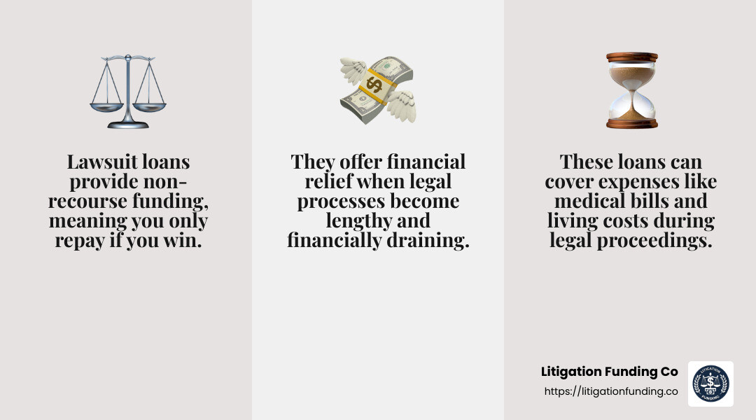Lawsuit loans provide financial relief during lengthy legal cases - lawsuit loans infographic 3_facts_emoji_grey