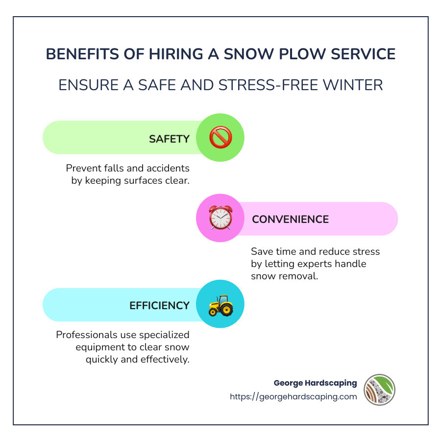 Infographic on benefits of hiring a snow plow service: safety, convenience, efficiency using snow-specific illustration of a plow, clear path, and clocks - snow plow service infographic infographic-line-3-steps-colors