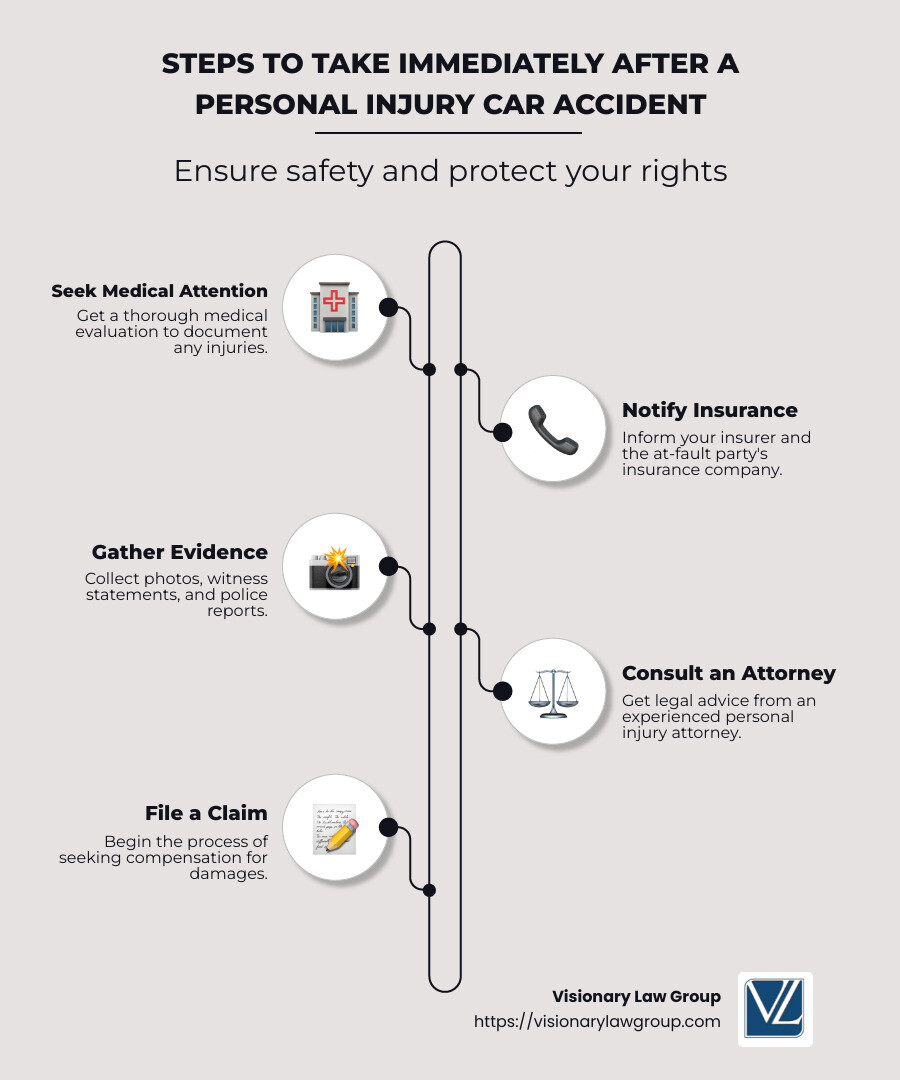 Infographic detailing steps to take immediately after a personal injury car accident, including medical attention, notifying insurance, and collecting evidence - personal injury car accidents infographic infographic-line-5-steps-neat_beige