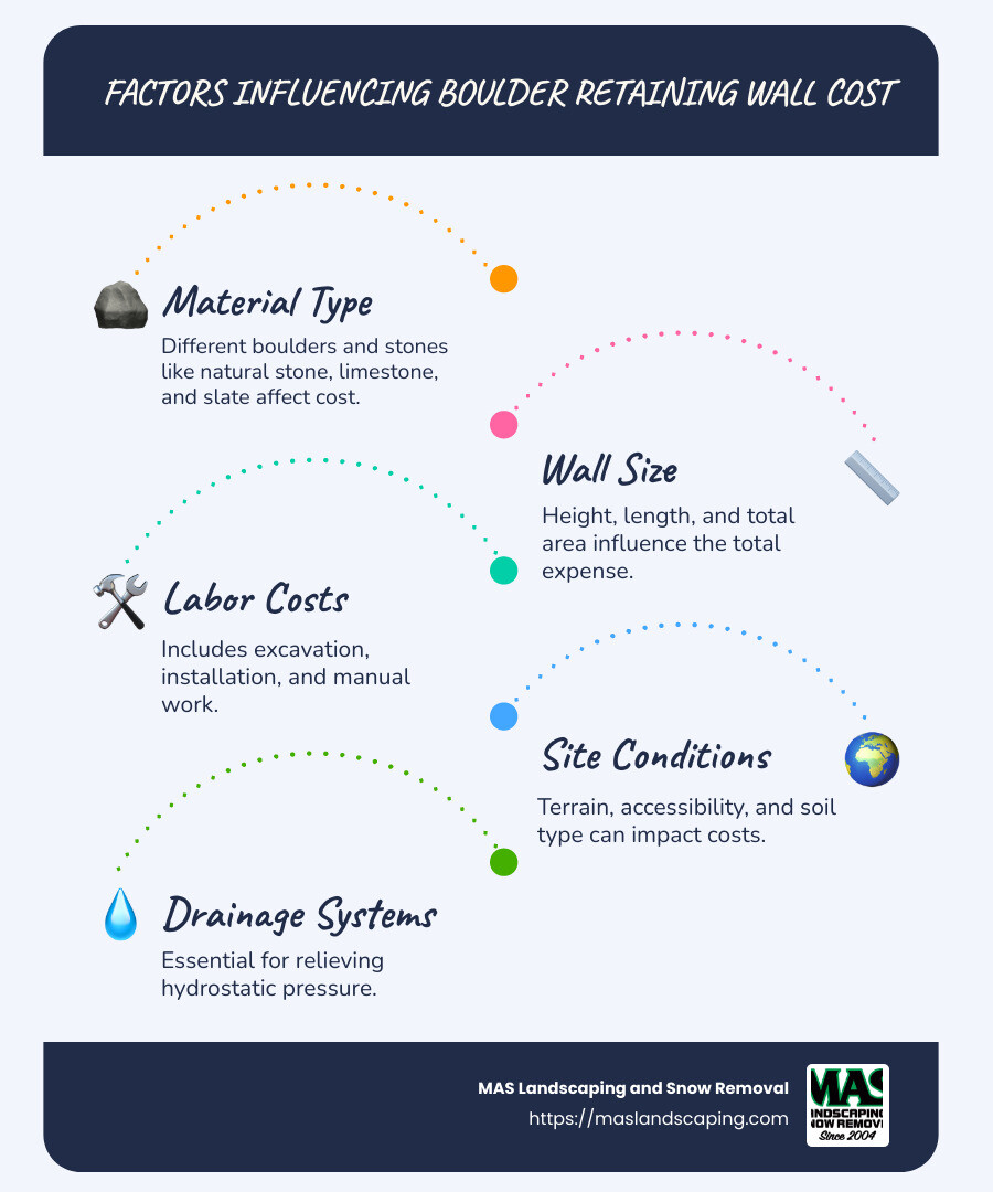 Infographic detailing boulder retaining wall costs and influencing factors like materials, labor, and site conditions - boulder retaining wall cost infographic infographic-line-5-steps-blues-accent_colors