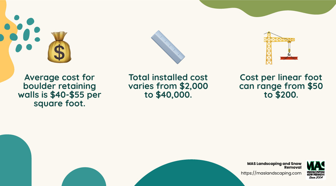 Boulder retaining walls typically cost between $40 and $55 per square foot, depending on various factors. - boulder retaining wall cost infographic 3_facts_emoji_nature