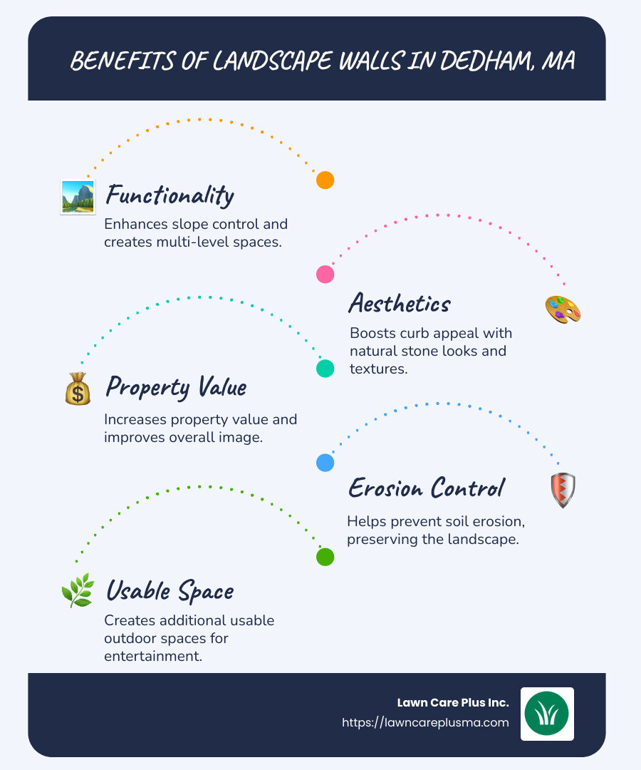 Infographic: Types of Landscape Walls - Design & Functionality Benefits with Visual Examples - landscape walls dedham ma infographic infographic-line-5-steps-blues-accent_colors
