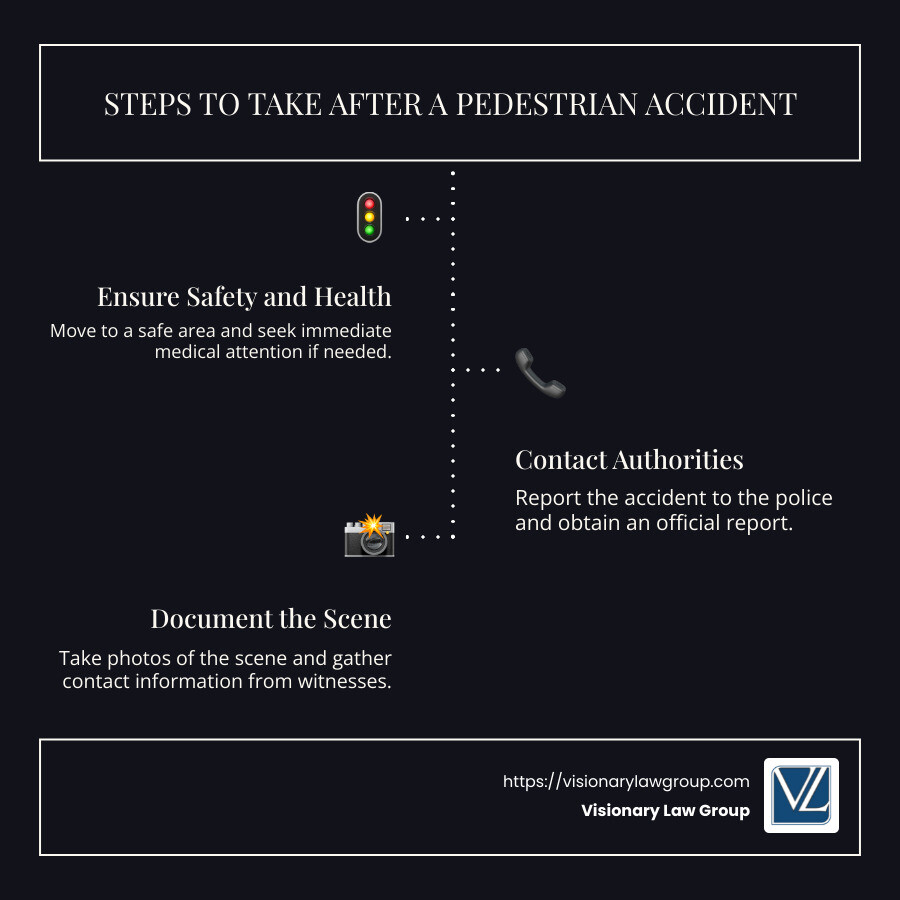 Infographic on steps to take after a pedestrian accident - Pedestrian accident attorney infographic infographic-line-3-steps-dark