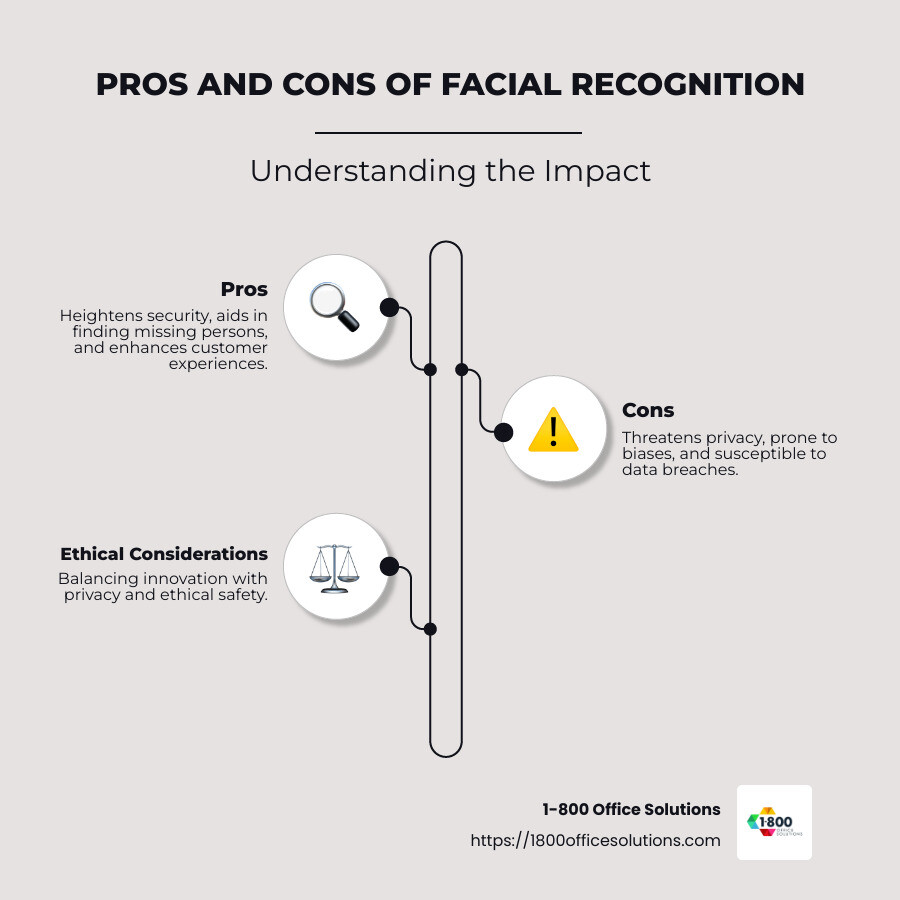 Infographic of facial recognition pros and cons, with clear benefits and risks listed, using icons for security, privacy, efficiency, inaccuracies, biases, and data vulnerabilities. - Pros and cons of facial recognition infographic infographic-line-3-steps-neat_beige