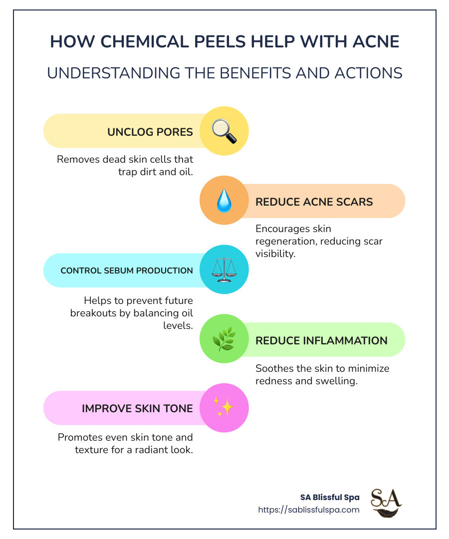 Infographic illustrating the benefits of chemical peels for acne, including steps on how they unclog pores, reduce scars, and control oil production - can chemical peels help with acne infographic infographic-line-5-steps-colors