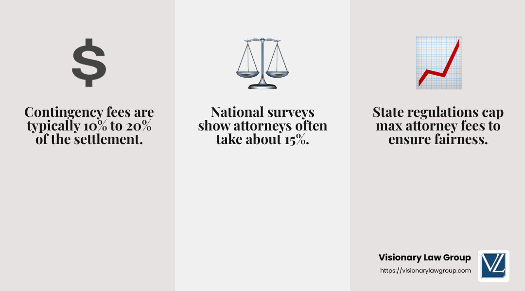 15% of the settlement amount typically goes to attorney fees - attorney workers comp near me infographic 3_facts_emoji_grey