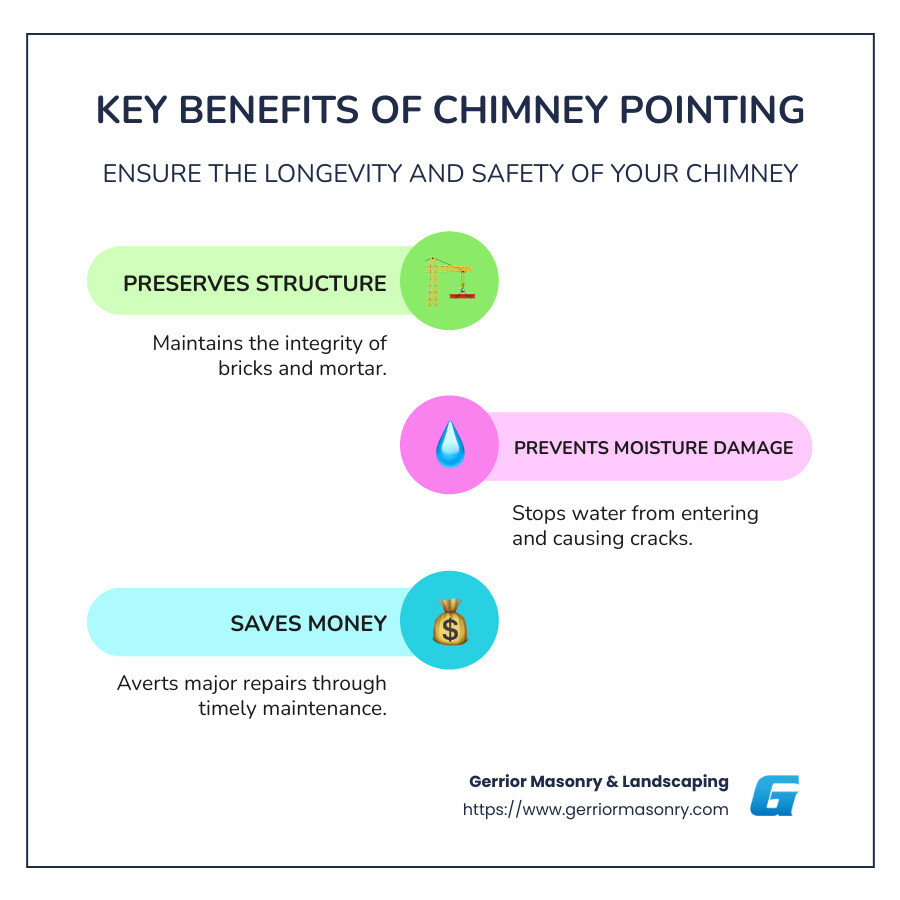 Reasons for Chimney Pointing: Preserves Structure, Prevents Moisture Damage, Saves Money - chimney pointing infographic infographic-line-3-steps-colors