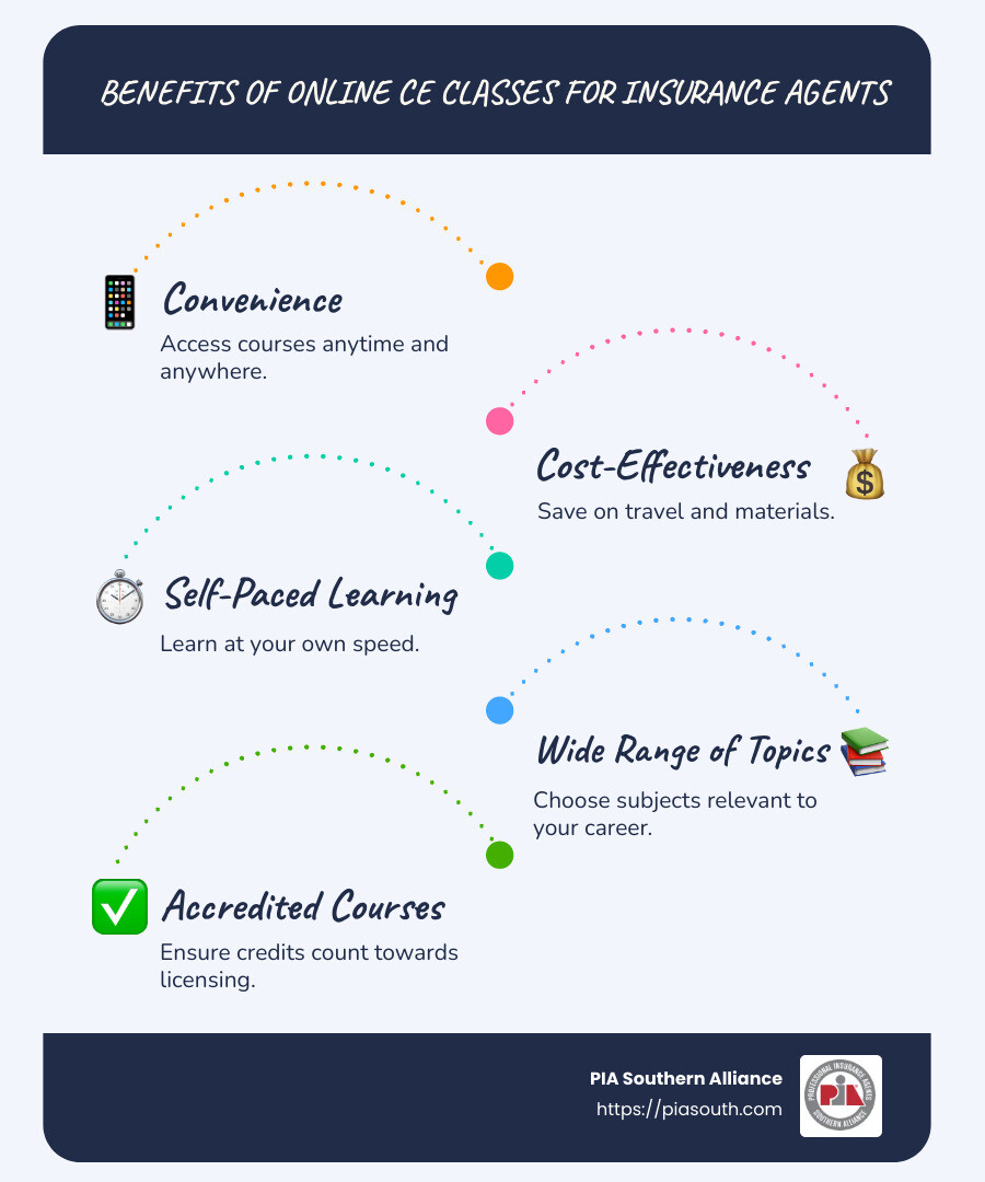 infographic depicting benefits and features of online ce classes such as flexibility, course variety, and state compliance - online ce classes for insurance agents infographic infographic-line-5-steps-blues-accent_colors