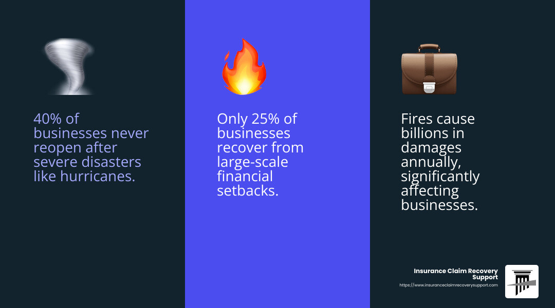 Percentage of small businesses that never reopen after a disaster - commercial large loss claim infographic 3_facts_emoji_blue