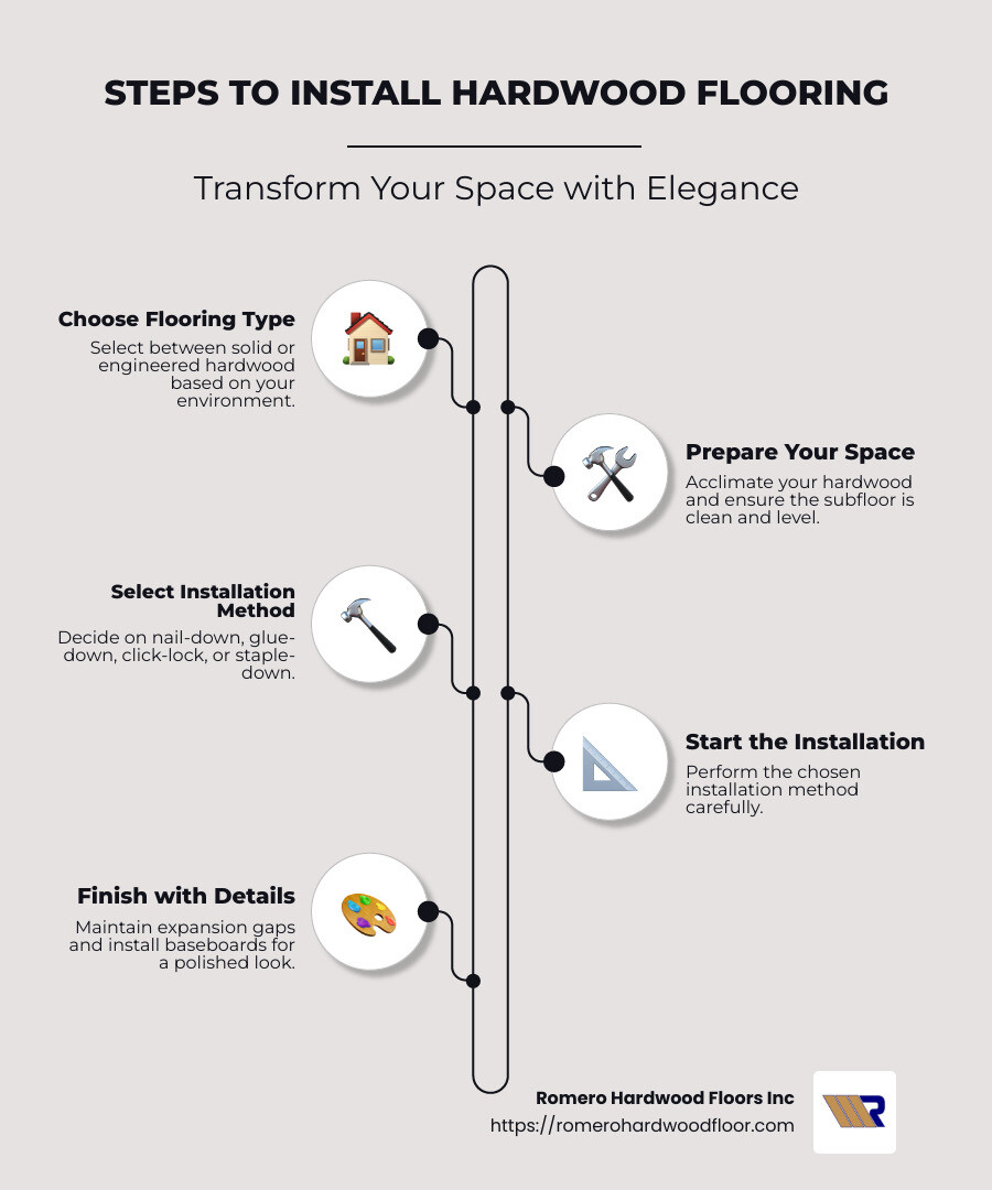 Steps of Hardwood Floor Installation - how to install hardwood flooring infographic infographic-line-5-steps-neat_beige