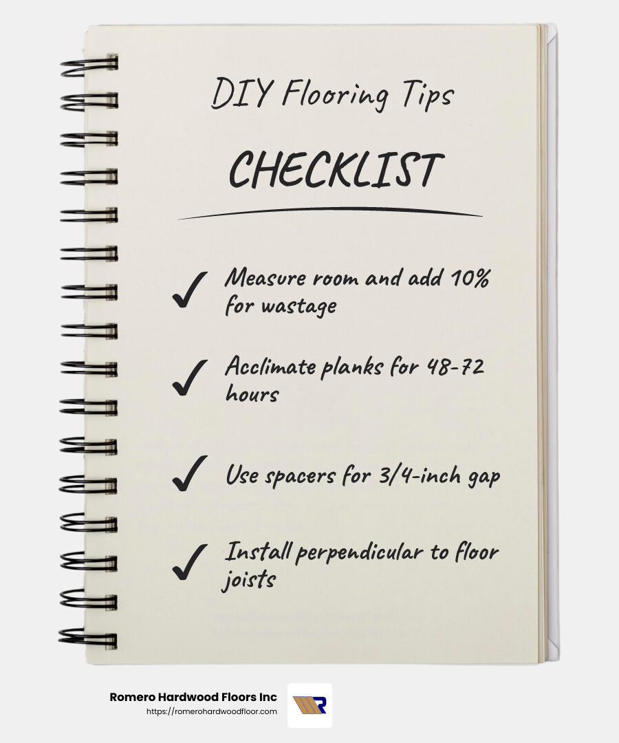 DIY Hardwood Installation Tips - how to install hardwood flooring infographic checklist-notebook