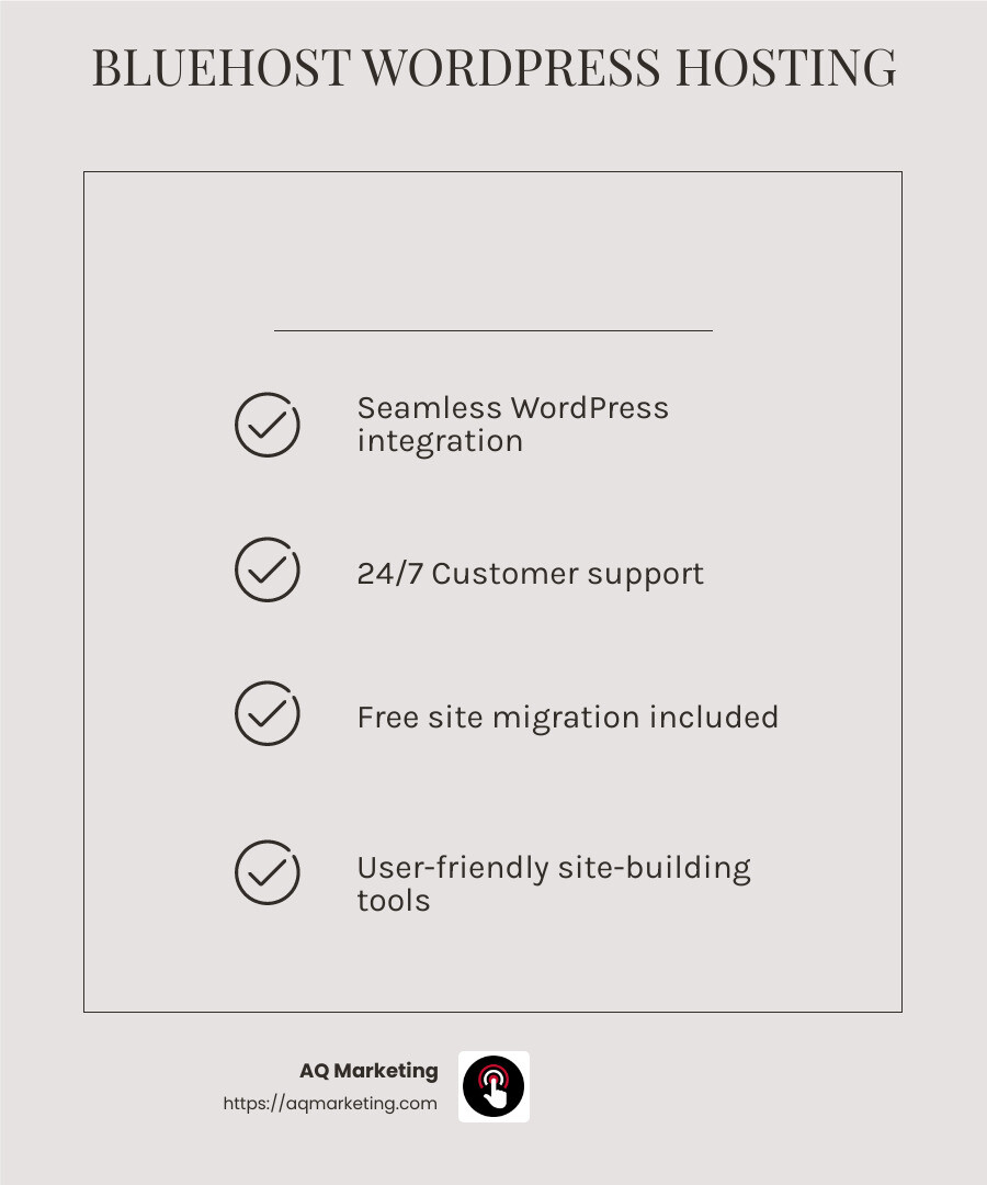 Bluehost's strong WordPress integration makes it a top choice for building your site. - best web hosting platforms infographic checklist-light-beige