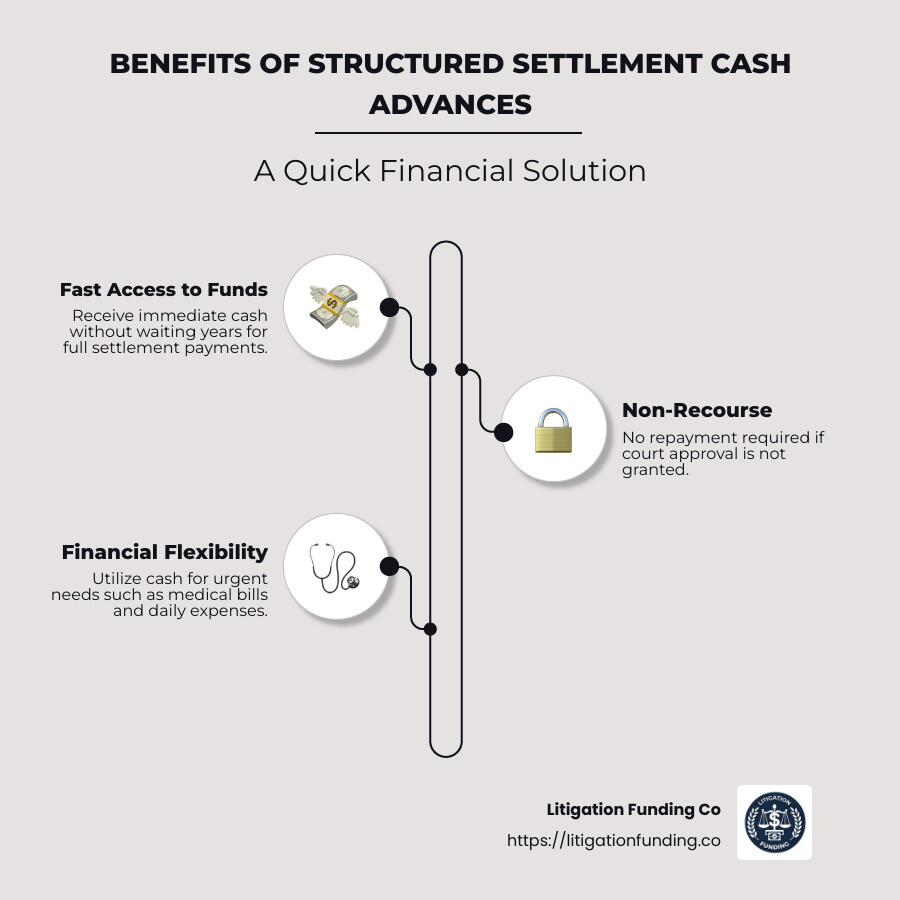 Infographic detailing the benefits and process of getting a structured settlement cash advance - Structured settlement cash advance infographic infographic-line-3-steps-neat_beige