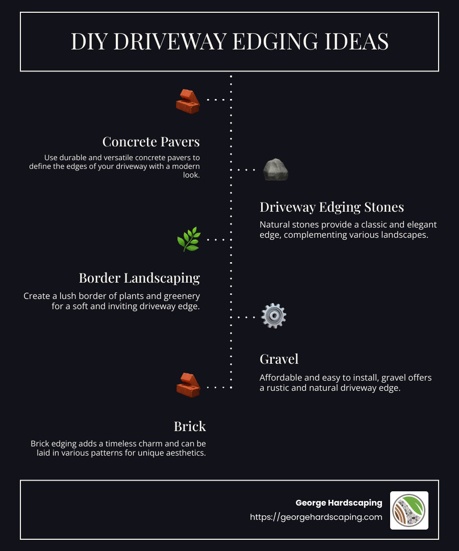 Infographic showing benefits of driveway edging pavers: improves curb appeal, prevents spreading of gravel or vegetation, extends driveway life - driveway edging pavers infographic infographic-line-5-steps-dark