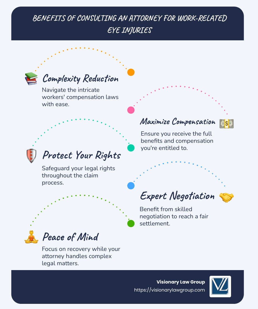 Infographic of the benefits of consulting an attorney for work-related eye injuries including complexity reduction, maximizing compensation, and protecting rights - eye injury at work should i get an attorney infographic infographic-line-5-steps-blues-accent_colors