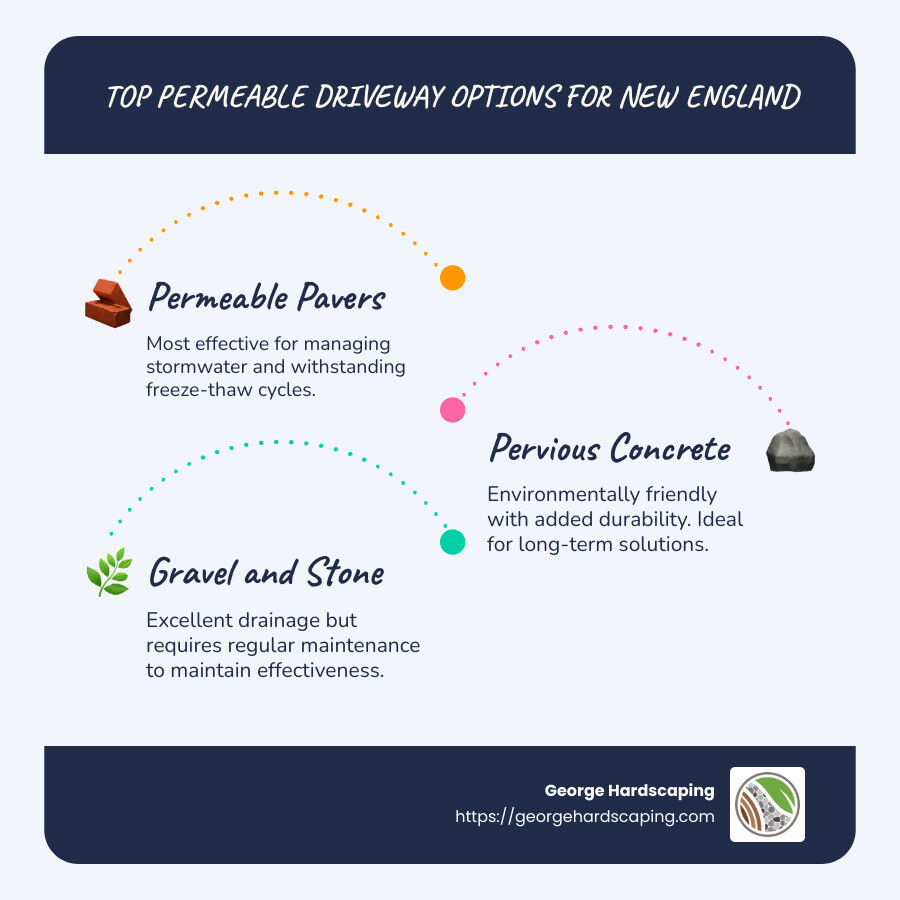 Infographic showing driveway surface options and benefits - best solution new england permeable driveway surface infographic infographic-line-3-steps-blues-accent_colors