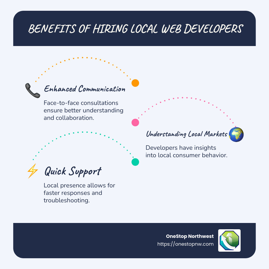 An infographic showing the benefits and advantages of hiring local web developers, including improved communication, understanding local markets, quick support, and strengthening community bonds - best web developers near me infographic infographic-line-3-steps-blues-accent_colors