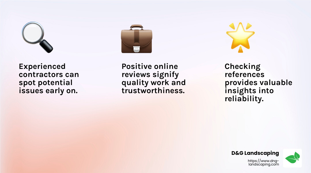 Experienced contractors can identify potential issues early on, saving time and money. - local concrete patio contractors infographic 3_facts_emoji_light-gradient