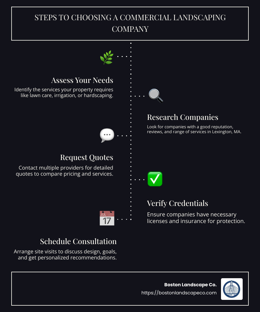 Steps to Choosing a Commercial Landscaping Company in Lexington, MA - commercial landscaping lexington ma infographic infographic-line-5-steps-dark