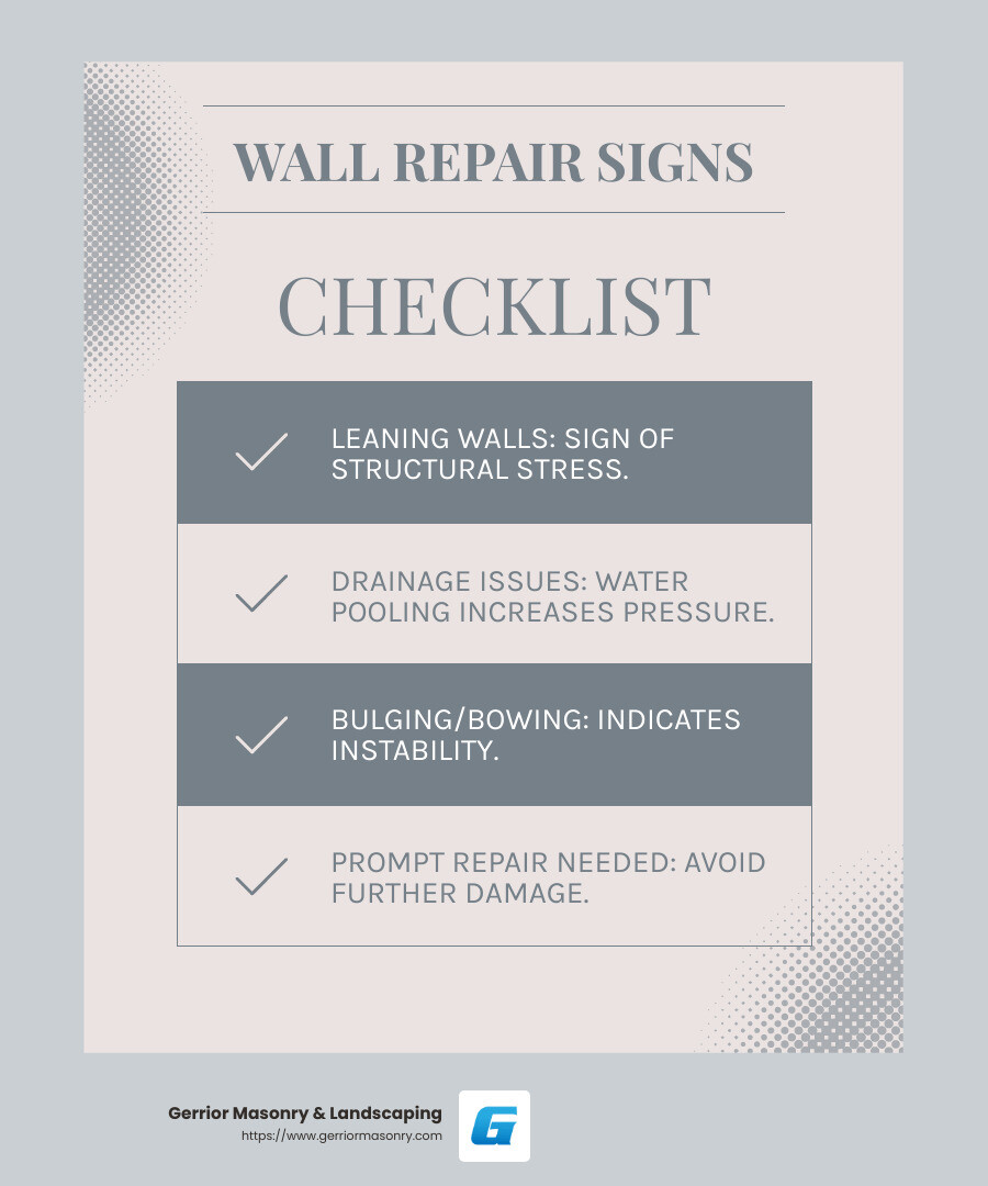 Bulging walls can be a sign of structural issues. - retaining wall repair near me infographic checklist-light-blue-grey