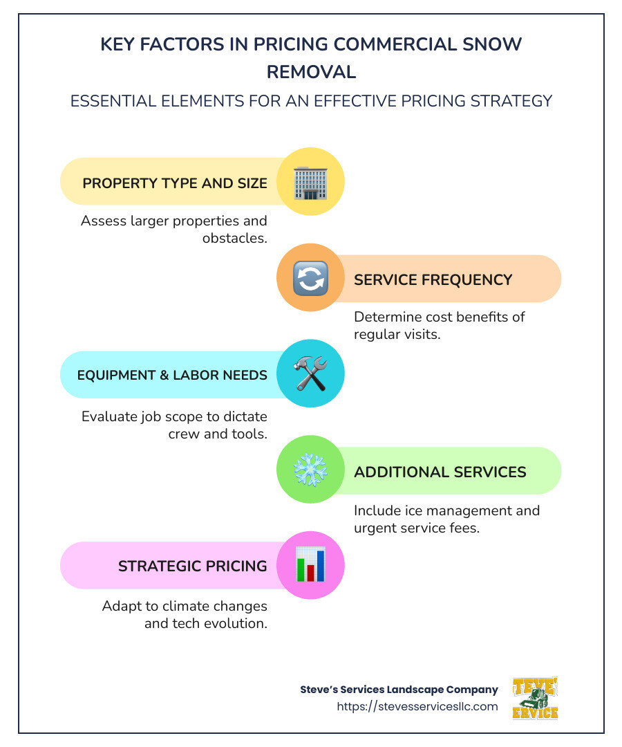 Infographic outlining key factors in pricing commercial snow removal - how to price commercial snow removal infographic infographic-line-5-steps-colors