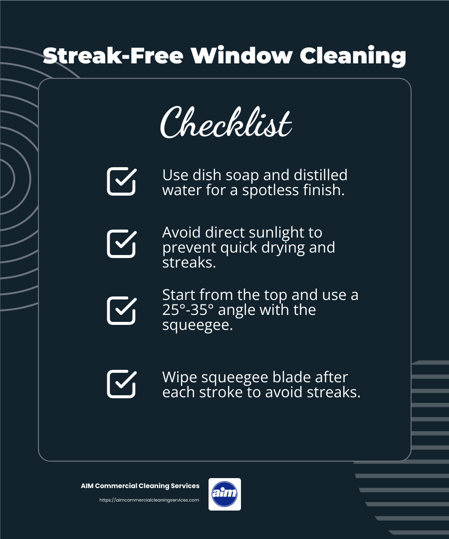 Achieving a streak-free finish is crucial for maintaining a professional image. - best way to clean commercial windows infographic checklist-dark-blue