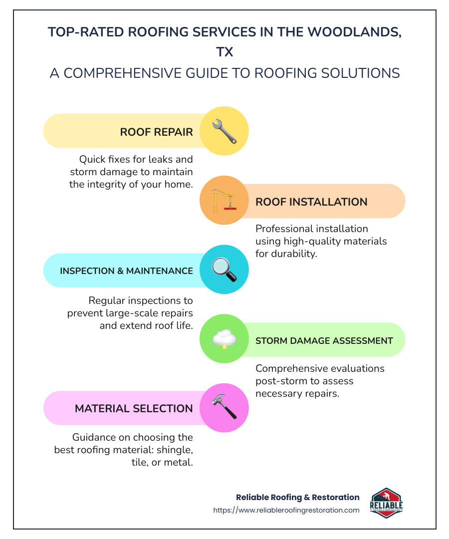 Infographic on top-rated roofing services in The Woodlands, TX, including a comparison of popular roofing materials, average costs, and benefits - roofing in the woodlands tx infographic infographic-line-5-steps-colors